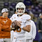 Nov 11, 2023; Fort Worth, Texas, USA; Texas Longhorns quarterback Arch Manning (16) warms up before the game between the TCU Horned Frogs and the Texas Longhorns at Amon G. Carter Stadium. Mandatory Credit: Jerome Miron-USA TODAY Sports