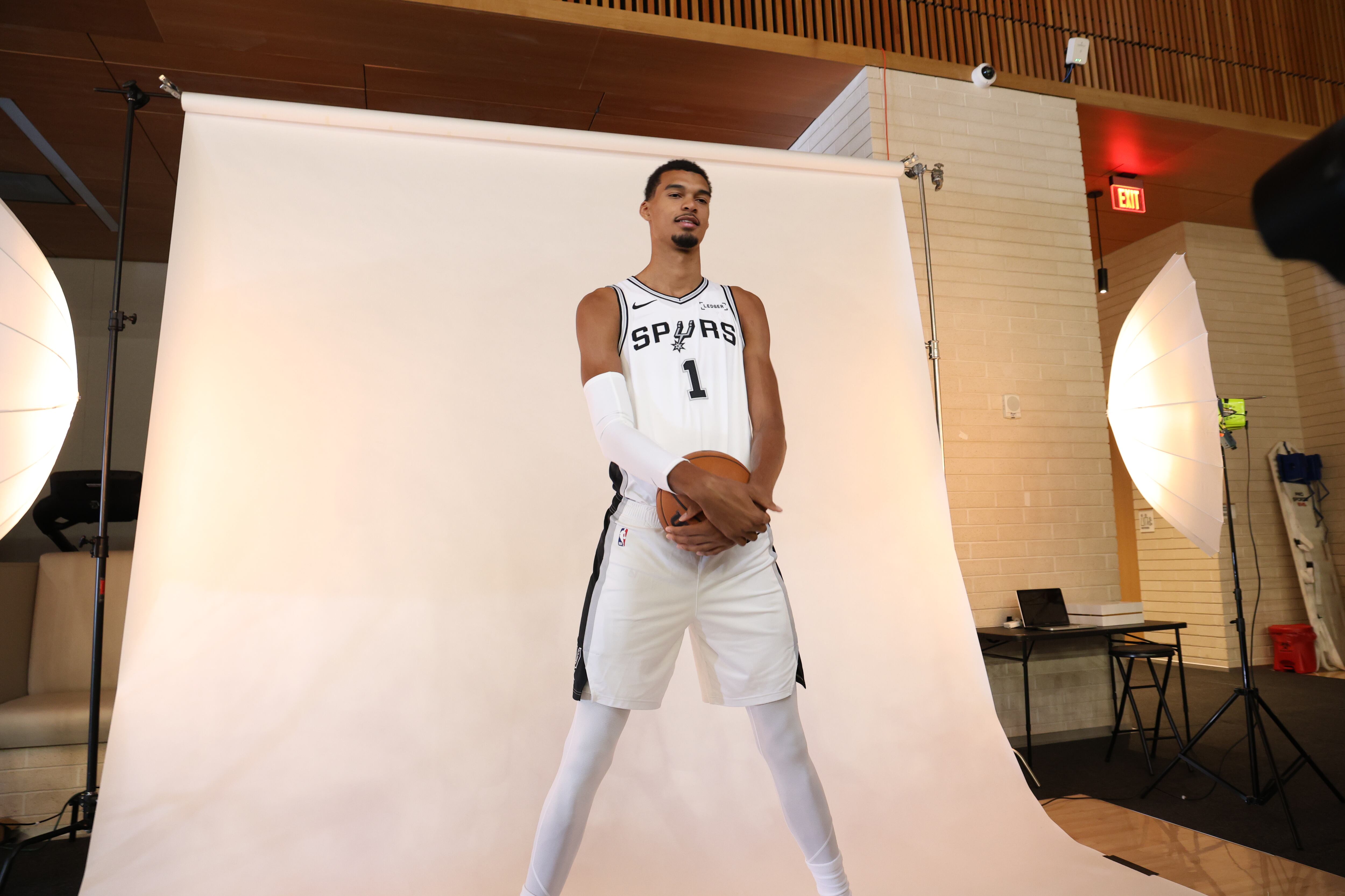 Victor Wembanyama poses during 2025 Spurs Media Day