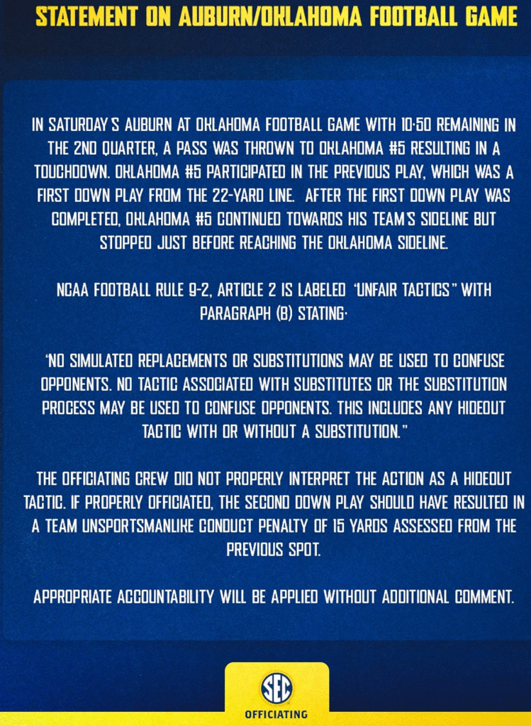 SEC Statement on OU auburn blown call